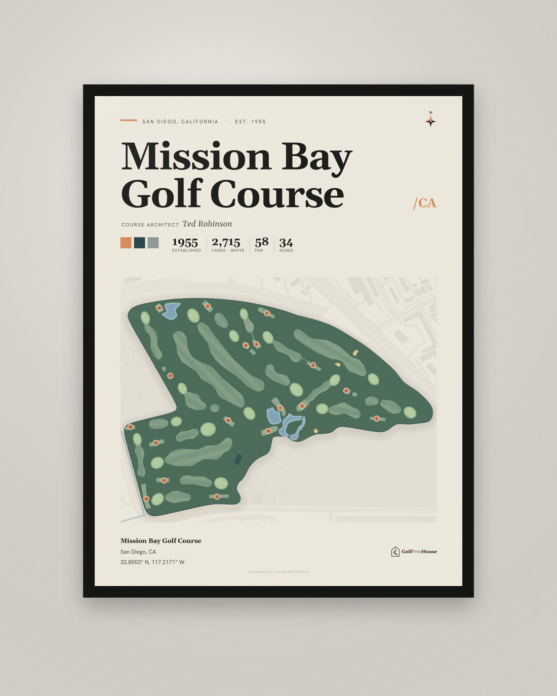 Mission Bay Golf Course Framed Print | San Diego Golf Course Map | Ready to Hang Mid Century Golf Wall Art