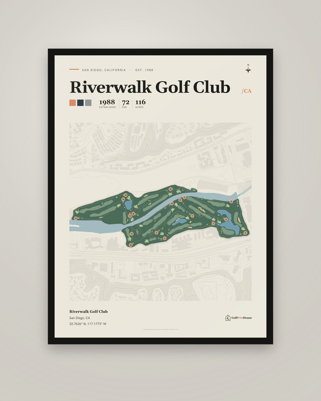 Riverwalk Golf Club golf course print, framed, on a plain wall