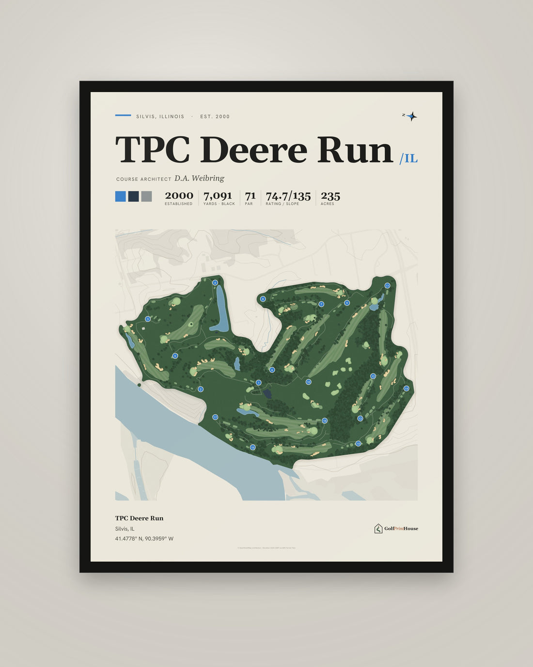 TPC Deere Run golf course print, framed, on a plain wall