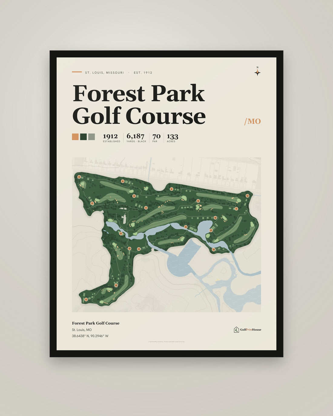 Forest Park Golf Course golf course print, framed, on a plain wall