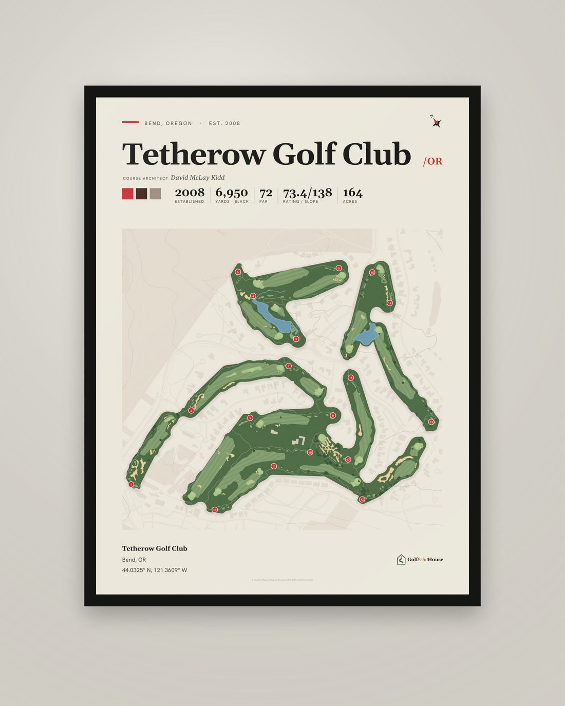 Tetherow Golf Club Framed Print | Bend Golf Course Map | Ready to Hang Mid Century Golf Wall Art