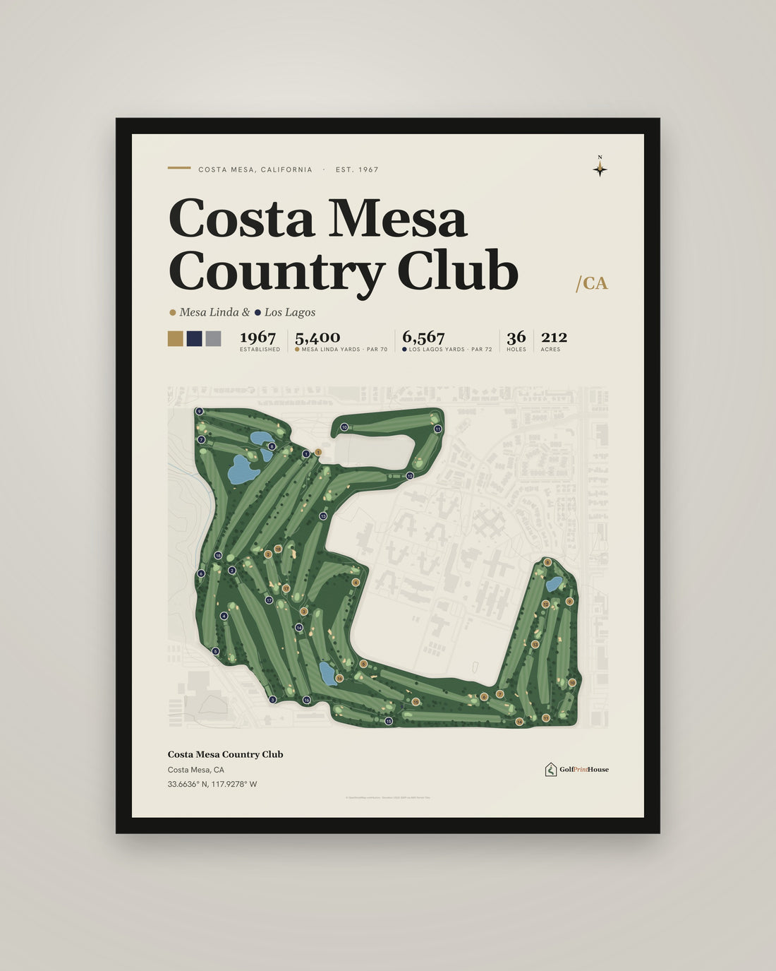 Costa Mesa Country Club golf course print, framed, on a plain wall