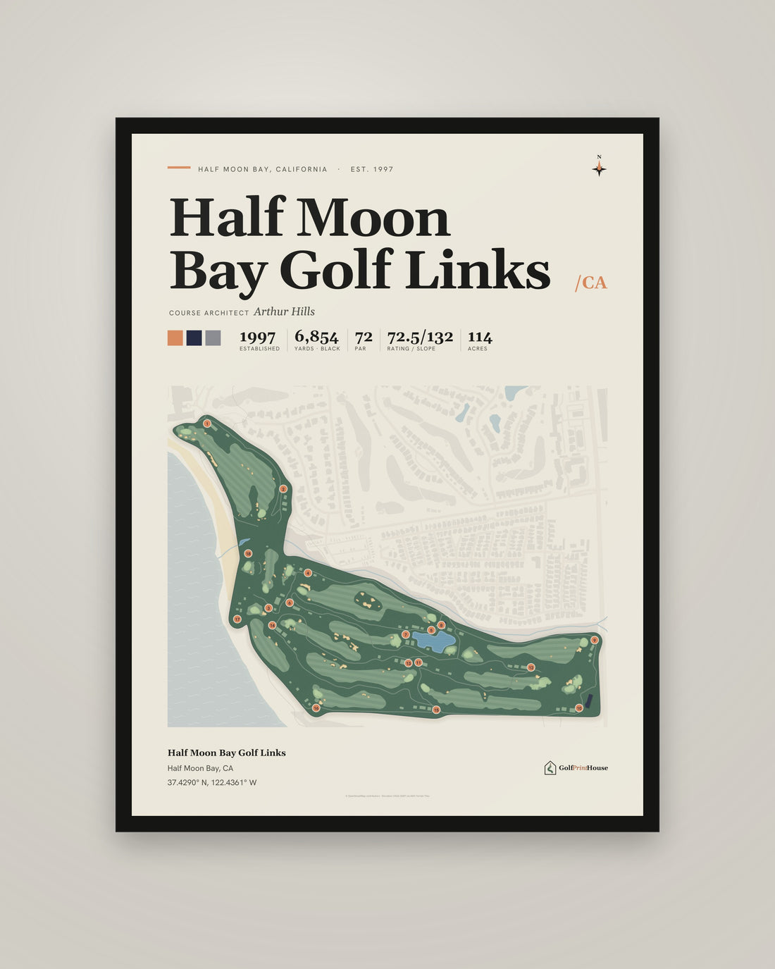Half Moon Bay Golf Links Print | Half Moon Bay Golf Course Map Poster | Mid Century Golf Wall Art