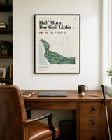 Half Moon Bay Golf Links golf course map print above a desk in a home office