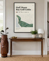 Half Moon Bay Golf Links golf course map print above an entryway table