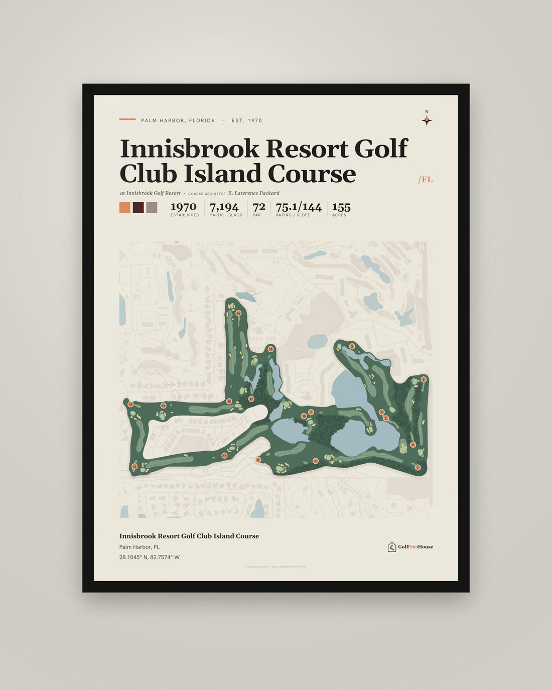 Innisbrook Resort Golf Club Island Course Framed Print | Palm Harbor Golf Course Map | Ready to Hang Mid Century Golf Wall Art
