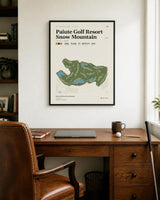 Paiute Golf Resort Snow Mountain golf course map print above a desk in a home office