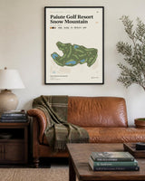 Paiute Golf Resort Snow Mountain golf course map print above a living room sofa