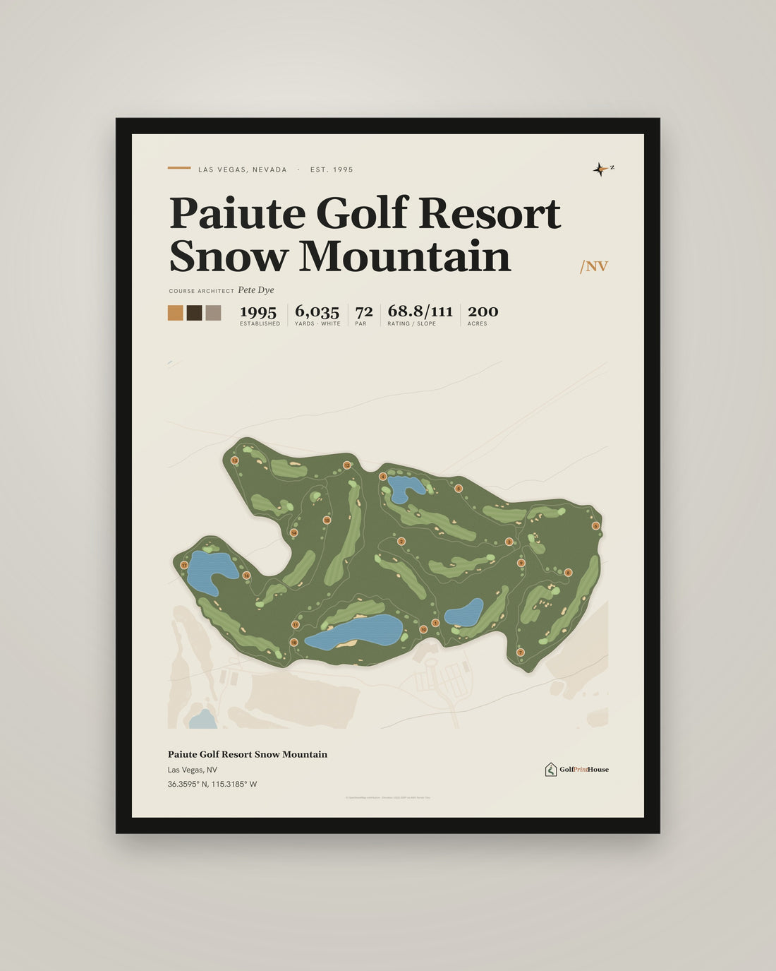 Paiute Golf Resort Snow Mountain Framed Print | Las Vegas Golf Course Map | Ready to Hang Mid Century Golf Wall Art
