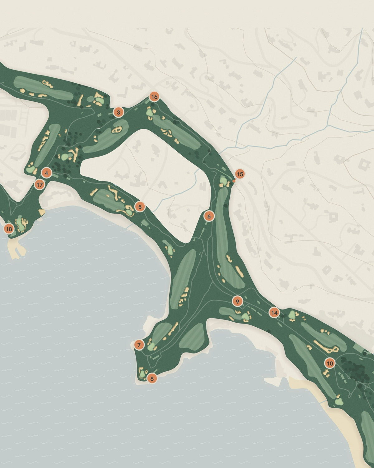 Close-up of the Pebble Beach print showing numbered holes