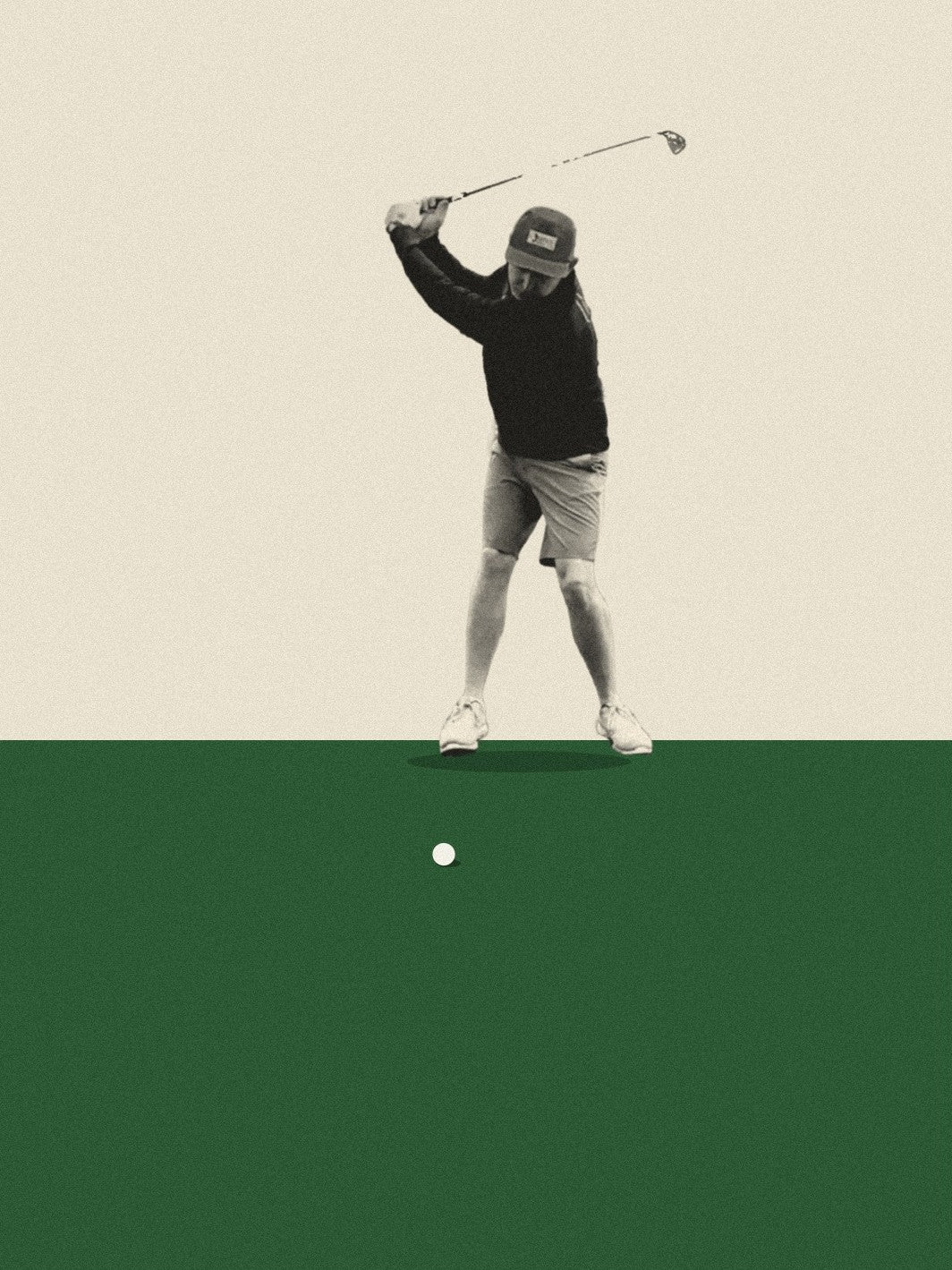 Kyle Morris mid-swing, grainy black-and-white cut-out on a green block