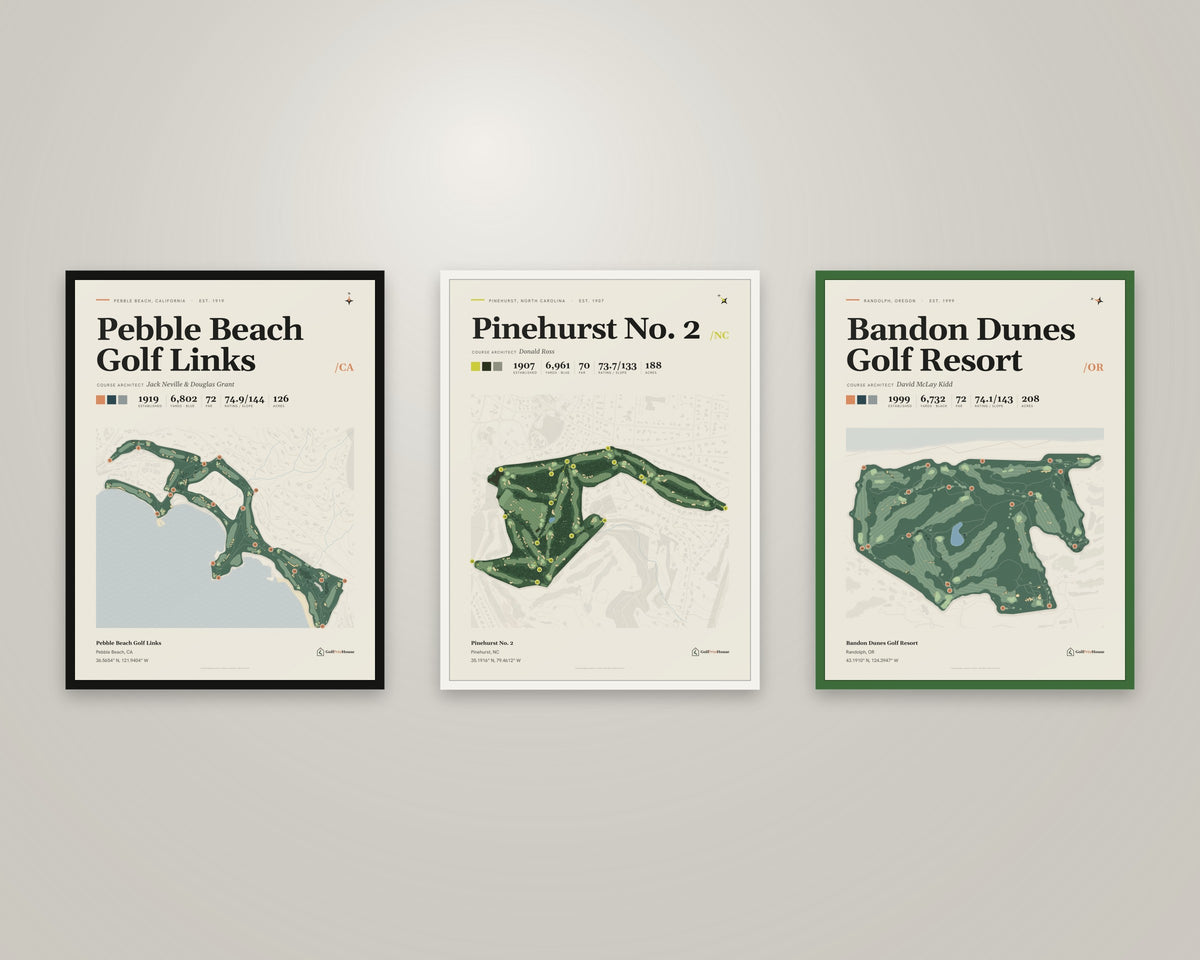 Three course prints in black, white and green frames lined up on a wall