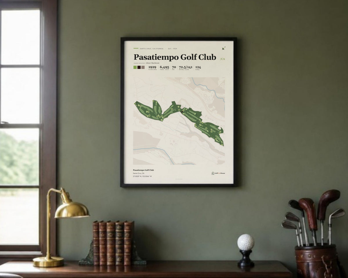 Pasatiempo Golf Club print in a black frame above a wooden sideboard in a green study