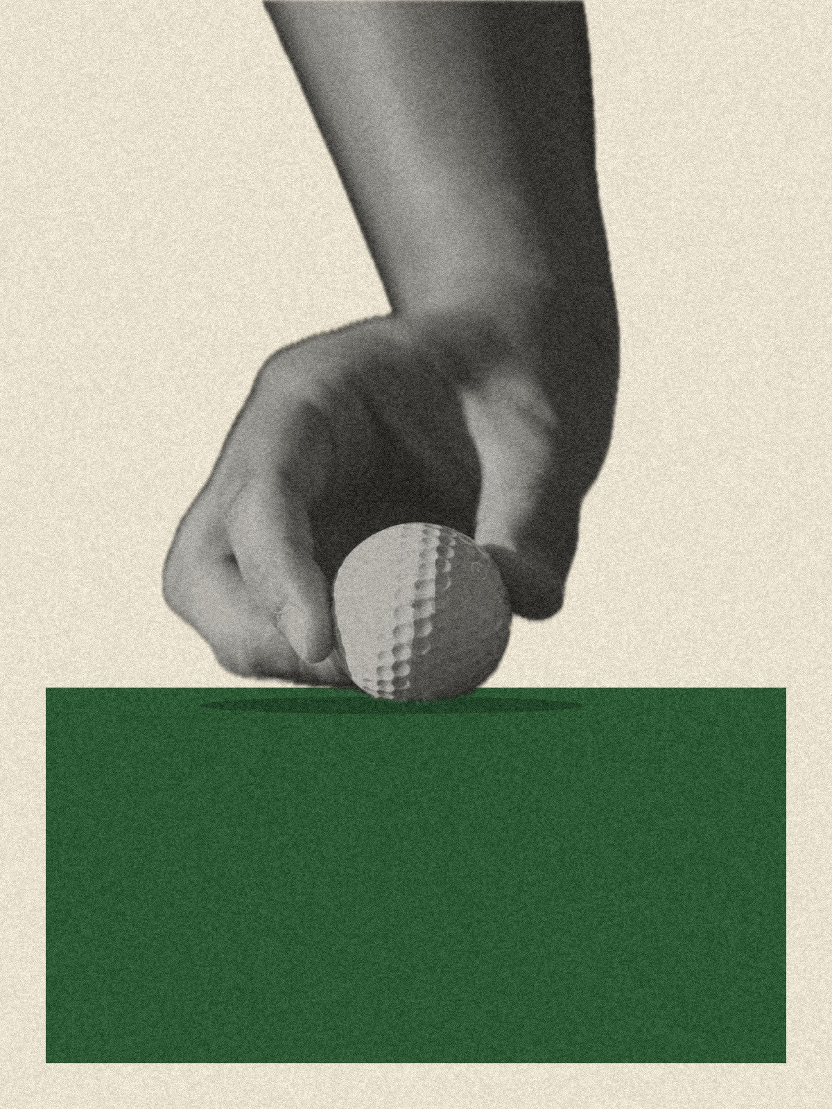 A hand placing a golf ball on a green block, grainy black-and-white cut-out