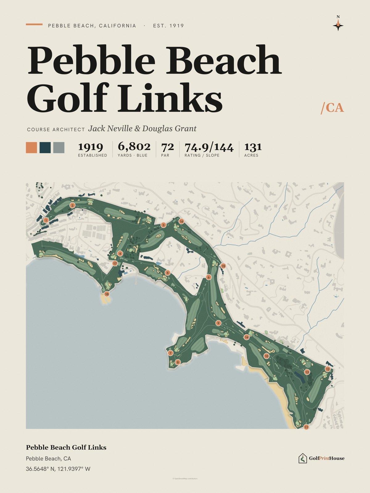 Pebble Beach Golf Links print with its parts marked A to D
